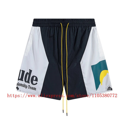 2026 New  RHUDE Men's Print Casual Shorts Loose Fit Nylon Drawstring Basketball Street Beach Shorts with Pockets Fast Delivery