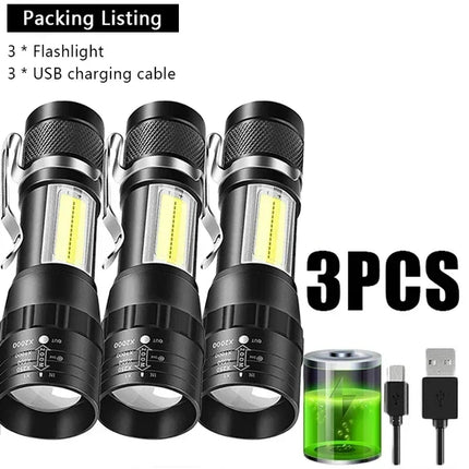 Powerful Mini LED COB Flashlight USB Rechargeable Zoomable Torch with Pen Clip Outdoor Camping Emergency Portable Flashlight