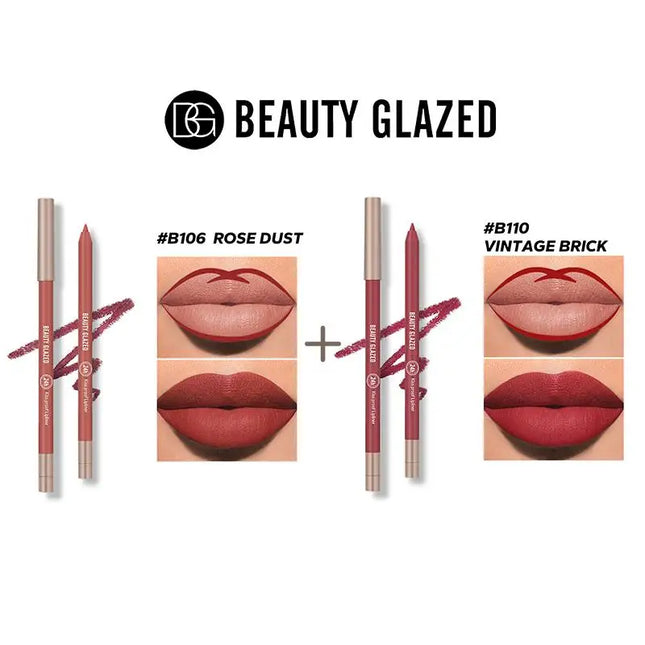 BEAUTY GLAZED 2 Pcs  Lip Liner Set Long Lasting Waterproof Lipliner Matte Velvet Lipstick Pen Lip Makeup Cosmetic Smudgeproof