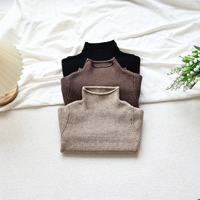 2025 Autumn Children Sweater Turtleneck Solid Color Boys Knit Pullover 1-9Y Baby Girls Warm Base Sweaters