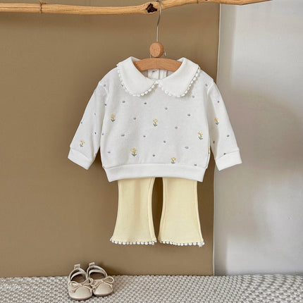 1-3 Years Baby Girl Clothes Pink Peter Pan Collar Sweatshirt and Flare Pants Set Floral Embroidery Toddler Outfit