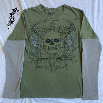 90s Vintage Cross Skull Print Tee Mall Goth Graphic Long Sleeve Patchwork T-Shirt Harajuku Retro Y2k Crop Top Women Streetwear