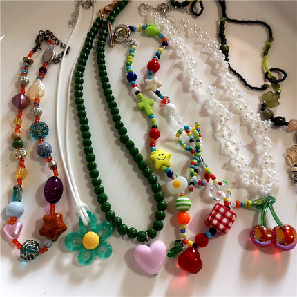 Kpop Boho Colorful Cherry Heart Star Pendant Peart Choker Necklace For Women Sweet Aesthetic Y2K Harajuku Jewelry Accessories