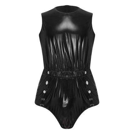 Mens Sleeveless Glossy PVC Leather One-piece Romper Jumpsuit Waterproof Bodysuit Buttons Openable Crotch for Clubwear Swimming