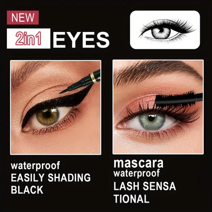 Mascara with Eyeliner Combo Black Slim Drawing Line Smooth Definition Long Lasting Waterproof Eye Makeup 2 Pcs Set