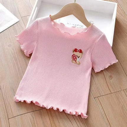 Girls' Embroidered Short Sleeve T-Shirt Ice Silk Summer Top with Ruffle Trim Stretchy Soft for Toddler Baby 1-6 Years