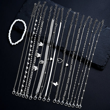 19Pcs/Set New Design Silver Color Anklet Sets for Women Fashion Pearl Butterfly Heart Crystal Foot Chain Versatile Daily Jewelry