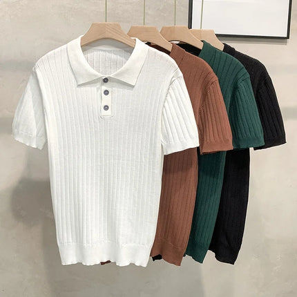 Slim Fit Knitted T-Shirt Short Sleeve Vertical Stripe T-Shirt Summer Fashionable Korean Style Lightweight Casual Top