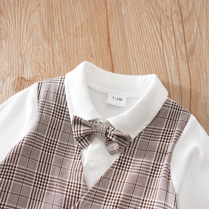 Newborn Clothes Checkered Gentleman Soft Boy And Girl Springand Autumn Long Sleeved Baby Triangle Jumpsuit+Pants+Hat 3-Piece Set