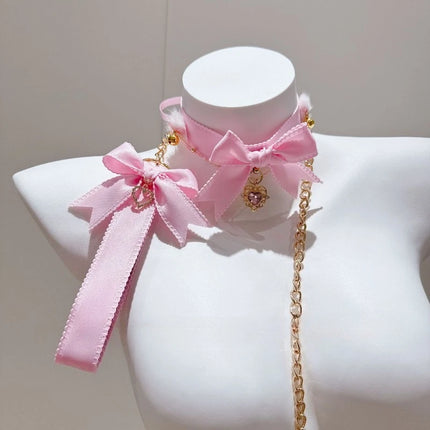 New Pink Bow Nipple Clips Heart-Shaped Gemstone Collar Leash Set with Body Chain Sexy Accessories Anal Plug with Tail Sex Toys