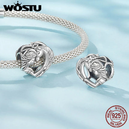 WOSTU Solid 925 Sterling Silver Lovely Girl & Horse Charm Heart Guardian Pendant Fit DIY Bracelet Necklace Heart Jewelry Series
