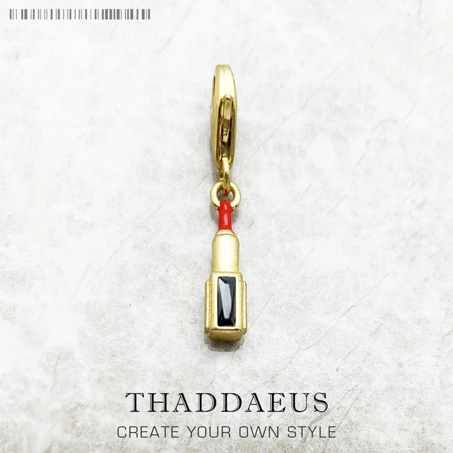 Red Lipstick Golden Pendant Solid 925 Sterling Silver Dangle Charm Women Fine Jewelry
