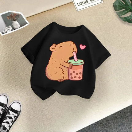 2025 Summer New Cute Animal Kapibala Fashion Printed Children's T-shirt Short Sleeve Fashion Pure Cotton Children's Clothing