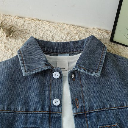 2025 Summer Baby Solid Denim Short Sleeve Set Boys /Girls' Denim Shirts& Shorts Two Piece Set Simple Casual Fashion Streetwear