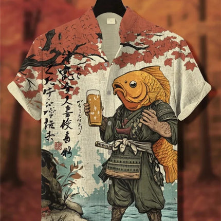 Men's Summer Short Sleeve Shirt Cute Cat Printed Stand up Collar Linen Button up Fashion Designer Party Costume Top