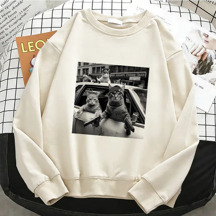 Streetwear Cat Crew Neck Hoodies Warm Fleece Sweatshirt Vintage Crew Neck Pullover Casual Female Clothes