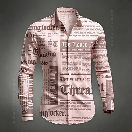Men's Shirt Long Sleeved Shirt Newspaper Letter Print Retro Casual Single Breasted Shirt Street Style Trendy Men's Top XS-6XL