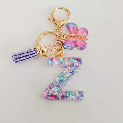 Fashion Butterfly Fringe Initial Keychain Drop Glue Blend Sequin A-Z26 Letter Keychain Cute Ladies Student Bag Accessory Gift