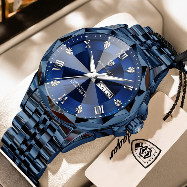 POEDAGAR Fashion Luxury Men Watch Top Original Waterproof Luminous Date Week Man Wristwatch Stainless Steel Quartz Men's Watches