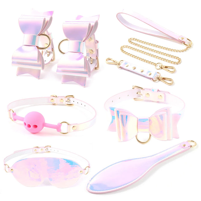 Shining Colorful Bondage Kit Kinky Restraints Set Bow Handcuff SM Collar Spanking Paddle Mouth Ball Gag Blindfold Erotic Toys