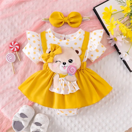 Pudcoco Baby Girls 2Pcs Summer Outfits Short Sleeve bear Embroidery Romper with Headband Set Newborn Clothes 0-18M