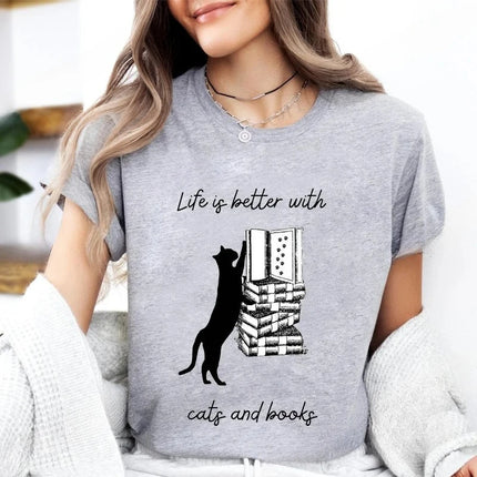 Cat Reading Design T-shirt, Women's and Girls' Sizes, A Perfect Gift for Book Lovers and Cat Owners - A Summer Book-themed T-shirt