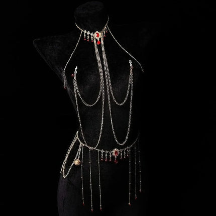 Red Ruby Nipple Clamps with Collar and Body Chain Waist Chain Sexy BDSM Training Adjustable Accessories for Women Adult Sex Toys