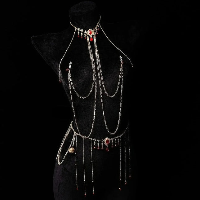 Red Ruby Nipple Clamps with Collar and Body Chain Waist Chain Sexy BDSM Training Adjustable Accessories for Women Adult Sex Toys