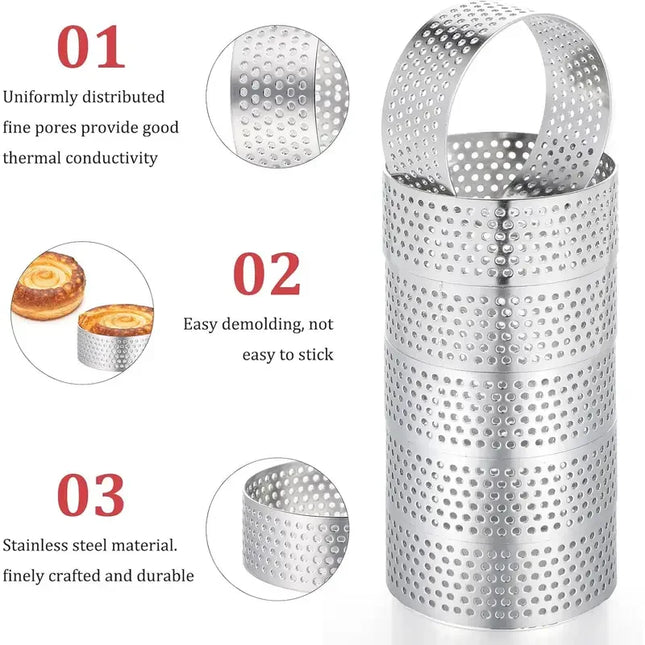 Tart Ring Set, 3-12Pcs Perforated Stainless Steel, Food Grade Nonstick Reusable EasyClean, Cake Rings Pastry Molds, Baking Tools