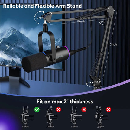 XLR/USB Podcast Microphone, Gaming Mic with Mute Button, Reverb Effects, Noise Cancellation, Boom Arm Stand, Headphones Jack