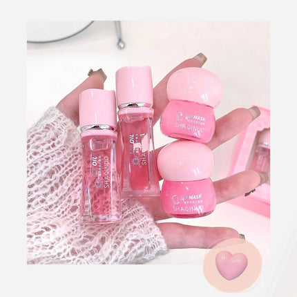 Strawberry Lip Balm & Lip Oil Set Clear Glass Moisturizing Lightweight Hydrating Jelly Day & Night Lip Mask Set Makeup Lips Care
