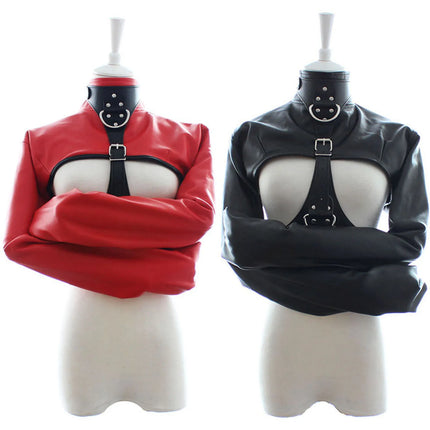 Leather restraint Body Harness Bondage Straight Jacket Adult Costume Hand Cross Arm Guard Sleeve, Novelty Fancy