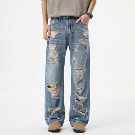 Spring Summer Broken Hole Denim Beggar Jeans Men Streetwear Fashion Hip Hop Loose Casual Baggy Ripped Jeans Pants Trousers