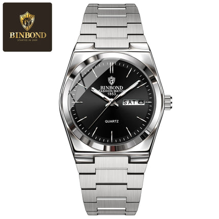 BINBOND 102 Couple Quartz Watch Men's Original Watch Waterproof Night Light Date Week Stainless Steel Men's and Women's Watch