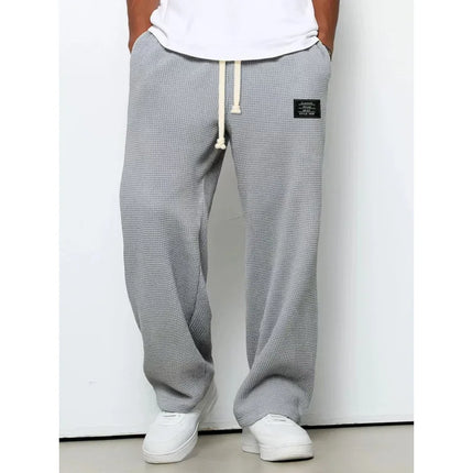 American Style Men's Waffle Textured Wide Leg Sweatpants Drawstring Elastic Waist Casual Loose Fit Streetwear Joggers