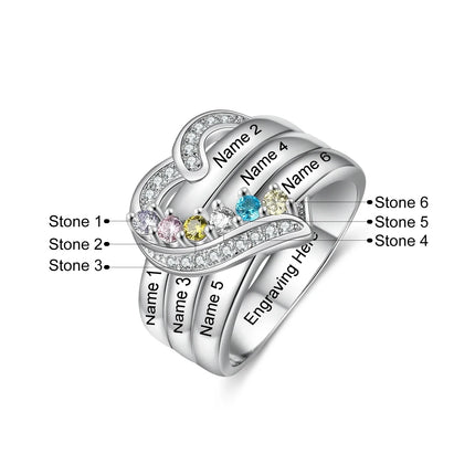 Personalized Family Names Ring With Birthstone Custom Silver Engraved Finger Rings CZ Heart Ring For Women Mother's Day Gifts
