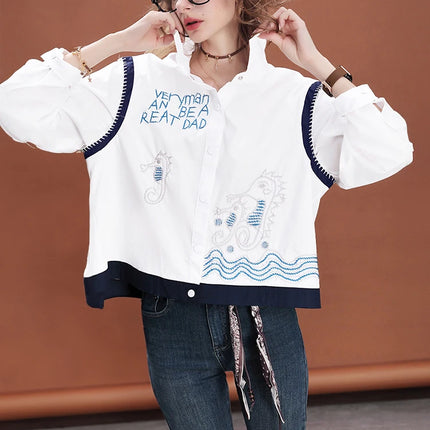 Women Embroidered Short Shirt Loose Fit Blouse Cropped Casual Cotton Top Long Sleeve Fashion Streetwea