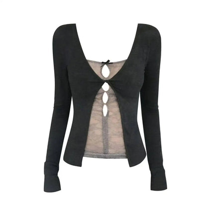 Korean Fashion Elegant Patchwork Lace Tops Slim Casual Long Sleeve Blouse 2000s American Vintage Sweet Pullover Chic