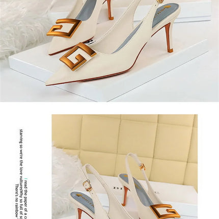 2024 Autumn Women Soft Leather Slingback Shoes Thin High Heels Office Dress Fashion Hollow Pointy Toe Gentle Sandals 8999-5