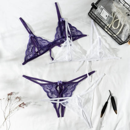 2Pcs/Set Women's Sexy Lace Transparent Lingerie Set Bikini Low-Waisted Thong Pants Dating Pajama Set