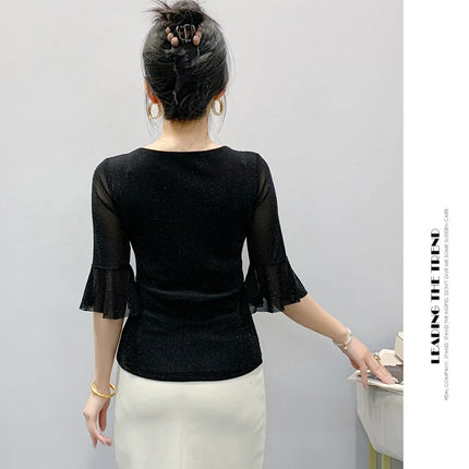 2025 Spring Summer Mesh Tops Korean Fashion Diamond T Shirt Slim 3/4 Sleeve Hollow Out Casual Women Shirt