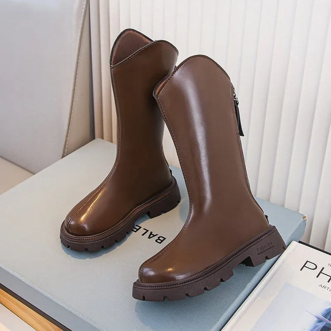 Children Knee Length Boots New 2025 Autumn Student Girls Princess Boots Kids Zipper Comfortable Non Slip Solid Color Long Boots