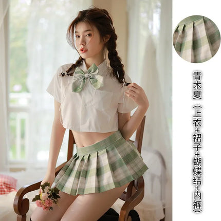 Sexy Pleated Skirt Lingerie Set Women's Passionate JK Uniform Cute Student Short Skirt Roleplay Costume Polyester Fabric