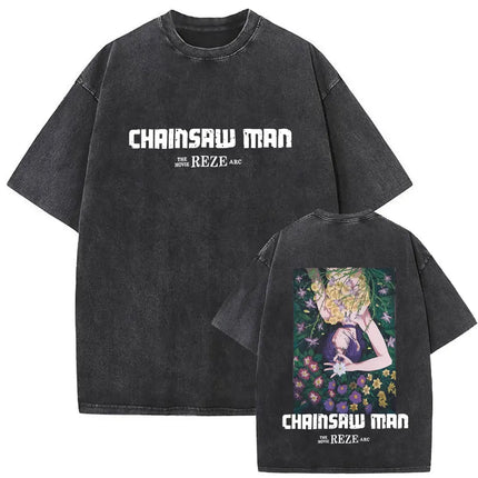 Washed Vintage Anime Chainsaw Man Makima Merch T-shirt Men Women Manga Casual Oversized T Shirts Male Retro 100% Cotton T-shirts