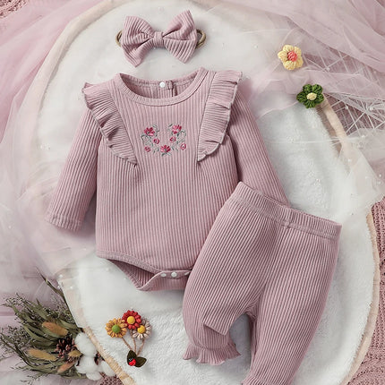 Baby Girls Full Sleeve Floral Pantsuit For Spring/Autumn Daily New Style Bobyset+Headband