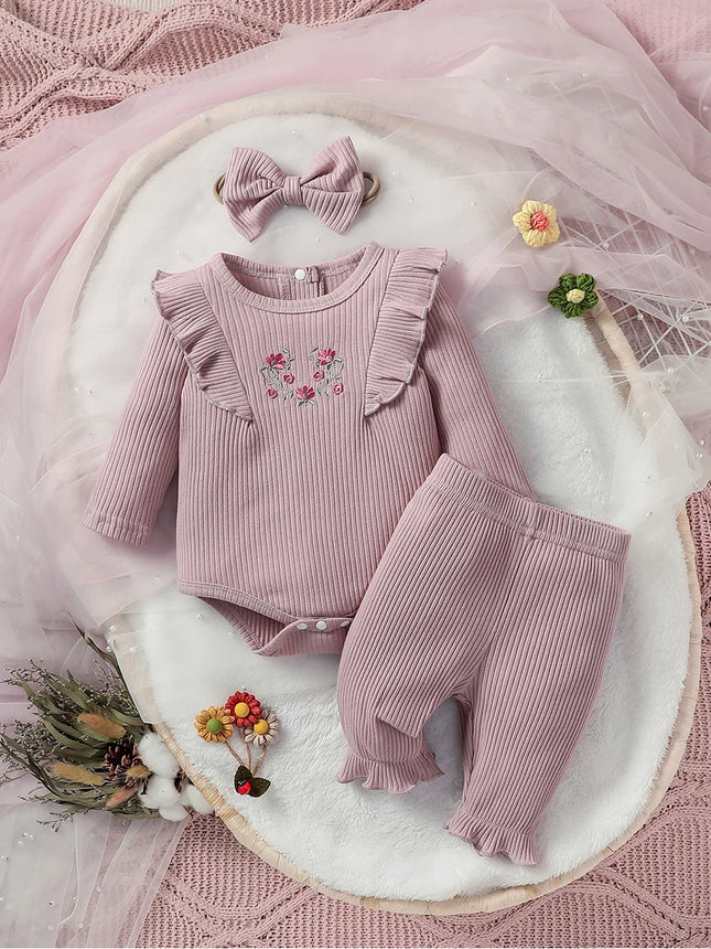 Baby Girls Full Sleeve Floral Pantsuit For Spring/Autumn Daily New Style Bodysuit+Headband