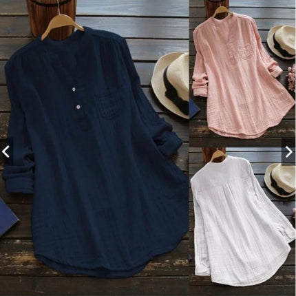Womens Linen Cotton Long Sleeve Blouse Loose Fit Casual Shirt Three Colors for Spring Outing Chic Relaxed