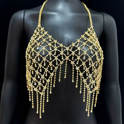 Beach bikini fringe rhinestone chest chain, women's luxurious sparkling crystal body chain, erotic lingerie accessories