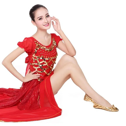 Comfortable Bowknot Belly Dancing Shoes Leather Golden Indian Dance Shoes Foldable Round Toe Foldable Ballet Flats Ladies
