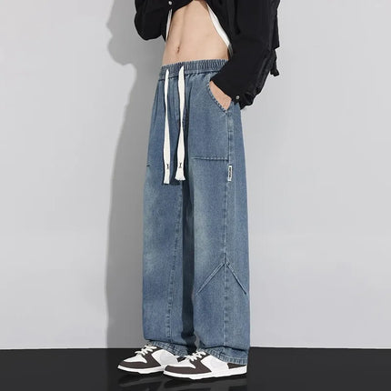 High Streetwear Casual Men's Drawstring Cotton Jeans Spring Autumn Straight Denim Pant Male Loose Breathable Full-Length Trouser
